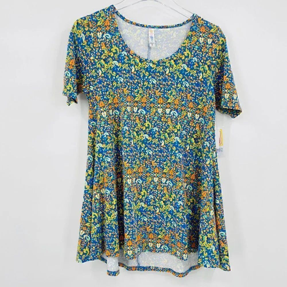 NWT Lularoe Size XS Short Sleeve Blue & Orange Patterned Perfect T Shirt Top